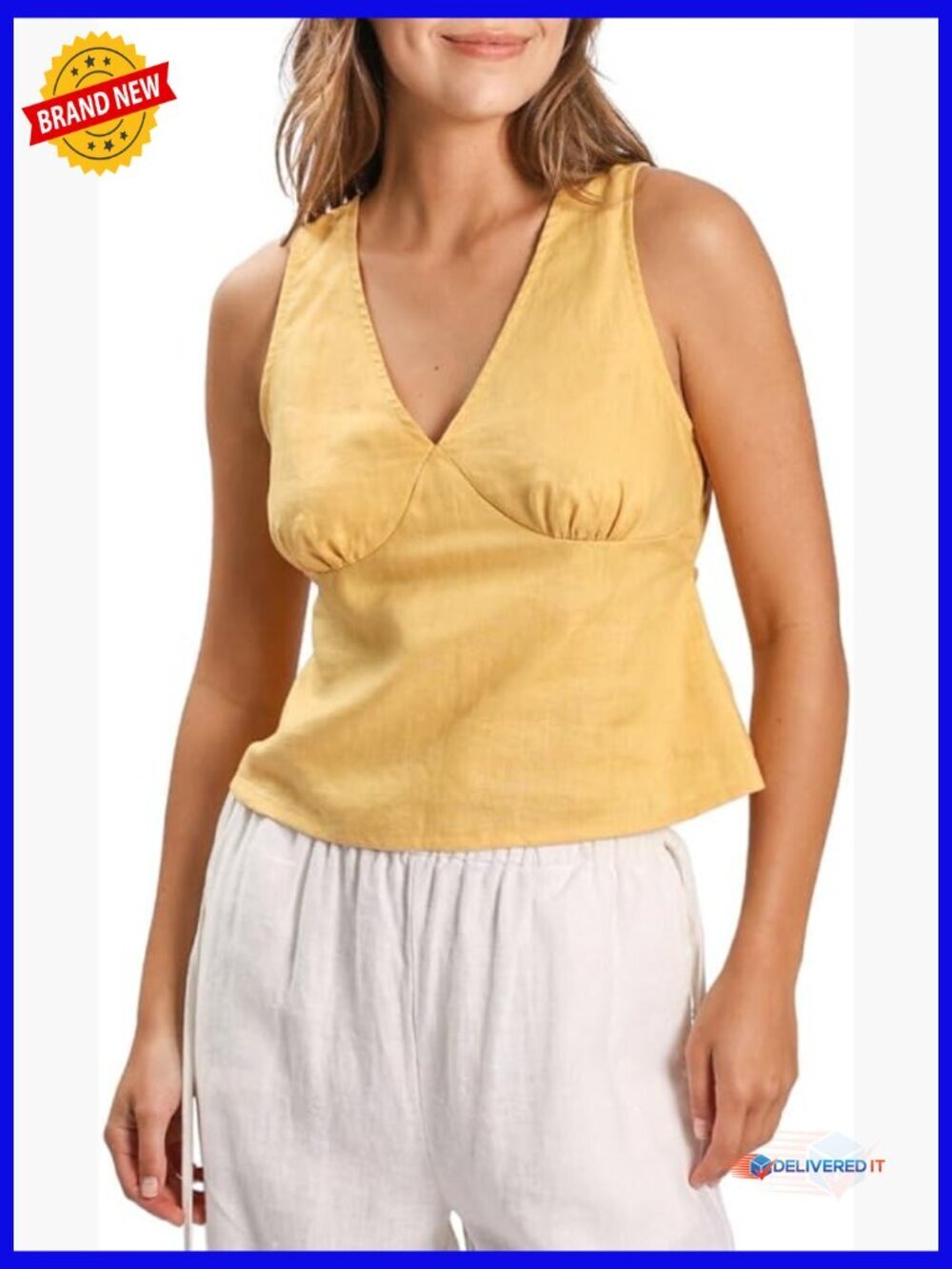 100% Linen V-Neck Sleeveless Tank Top with Back Tie